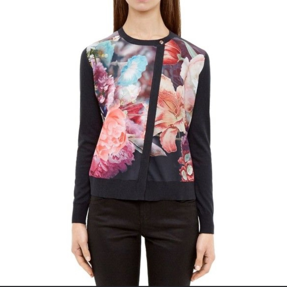 EUC Ted Baker London silk blend grey knit Haleera Focus Bouquet cardigan